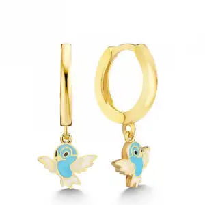 Gümüş Gold Mavi Renkli Sallantılı Kuş Kadın Küpe