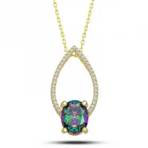 Gümüş Gold Oval Mistik Topaz Taşlı Damla Kadın Kolye