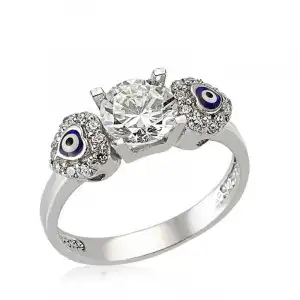 Gümüş Kalp Nazarlı Tek Taş Bayan Yüzük