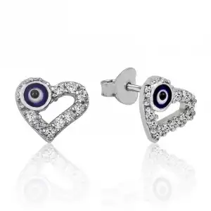 Gümüş Kalpli Nazar Çivili Küpe