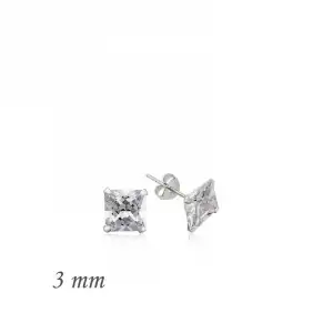 Gümüş Kare Tek Taş Zirkon Küpe - 3 Mm