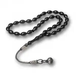 Gümüş Kazaz Püsküllü Siyah Sıkma Kehribar Tesbih