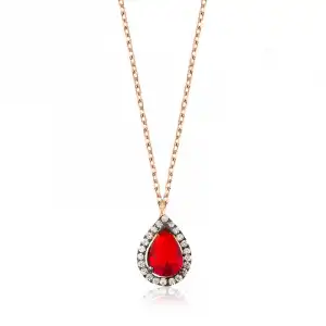 Gümüş Kırmızı Taşlı Damla Bayan Kolye