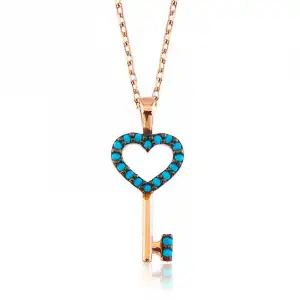 Gümüş Mavi Kalpli Anahtar Bayan Kolye