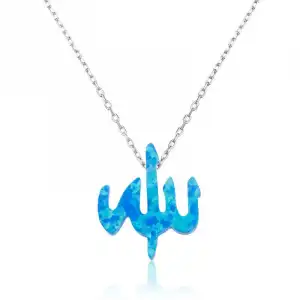 Gümüş Mavi Opal Taşlı Allah Yazılı Bayan Kolye