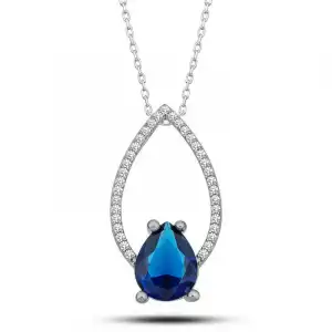 Gümüş Mavi Taşlı Damla Kadın Kolye