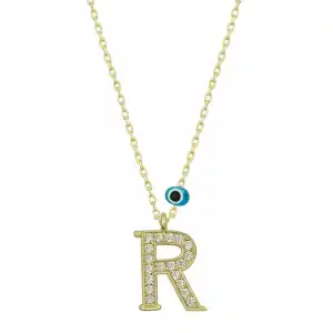 Gümüş Nazar Gold R Harfi Kadın Kolye
