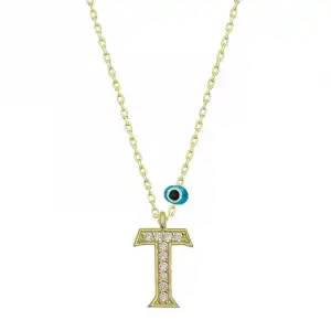 Gümüş Nazar Gold T Harfi Kadın Kolye