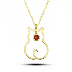 Gümüş Ocak Ayı Doğum Taşı Kedi Kadın Kolye