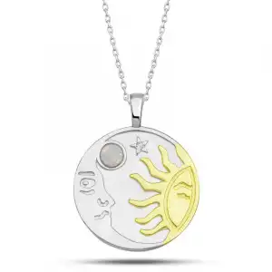 Gümüş Opal Beyaz Taşlı Ay Güneş Kadın Kolye
