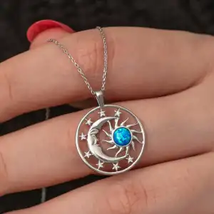 Gümüş Opal Mavi Taşlı Ay Güneş Kadın Kolye