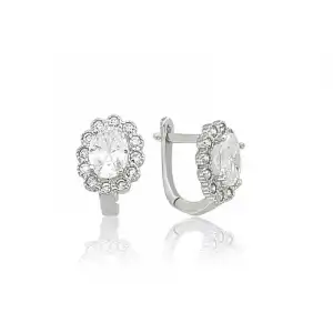 Gümüş Oval Taşlı Çiçek Küpe