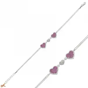 Gümüş Pembe Kalpli Bayan Bileklik