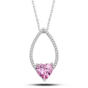 Gümüş Pembe Taşlı Kalp Kadın Kolye