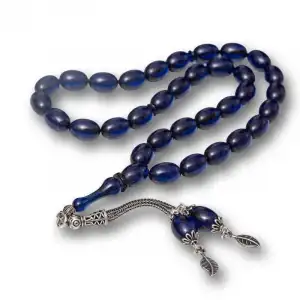 Gümüş Püsküllü Lacivert Sıkma Kehribar Tesbih