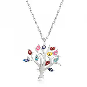 Gümüş Renkli Nazarlı Hayat Ağacı Bayan Kolye
