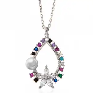 Gümüş Renkli Taşlı Çiçekli Kadın Kolye