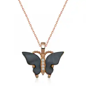 Gümüş Rose Antrasit Kaplangözü Taşlı Kelebek Kolye