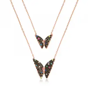 Gümüş Rose Çift Zincirli Kelebek Kolye