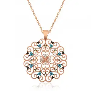 Gümüş Rose Etnik Desenli Madalyon Kolye