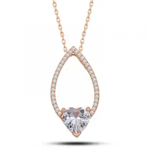 Gümüş Rose Kalp Beyaz Taşlı Damla Kadın Kolye