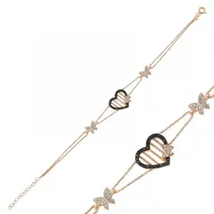 Gümüş Rose Kalpli Kelebek Bayan Bileklik