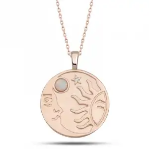 Gümüş Rose Opal Beyaz Taşlı Ay Güneş Kadın Kolye