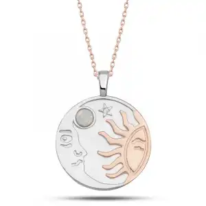 Gümüş Rose Opal Beyaz Taşlı Ay Güneş Kadın Kolye