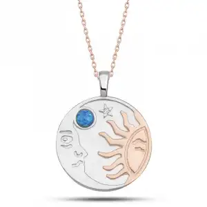 Gümüş Rose Opal Mavi Taşlı Ay Güneş Kadın Kolye