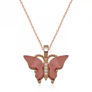 Gümüş Rose Pembe Kaplangözü Taşlı Kelebek Kolye