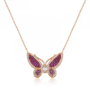 Gümüş Rose Pembe Kelebek Bayan Kolye