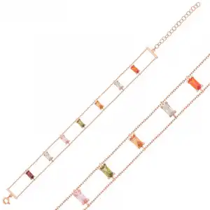 Gümüş Rose Renkli Baget Taşlı Bayan Bileklik