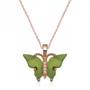 Gümüş Rose Yeşil Kaplangözü Taşlı Kelebek Kolye
