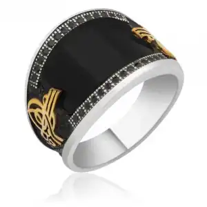 Gümüş Siyah Taşlı Tuğralı Erkek Yüzük