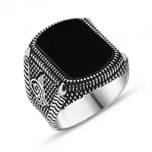 Gümüş Siyah Taşlı Tuğralı Erkek Yüzük