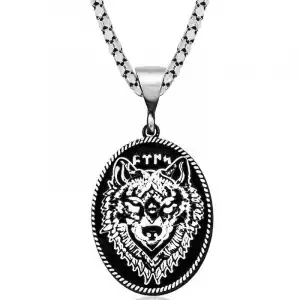 Gümüş Siyah Zeminli Kurt Motifli Göktürkçe Türk Yazılı  Kolye