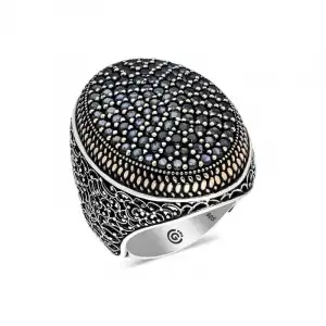 Gümüş Siyah Zirkon Taşlı Oval Erkek Yüzük