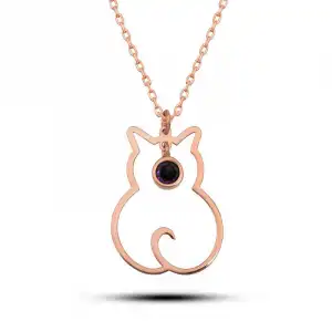 Gümüş Şubat Ayı Doğum Taşı Kedi Kadın Kolye