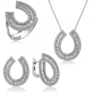 Gümüş Trapez Taşlı  Bayan Set