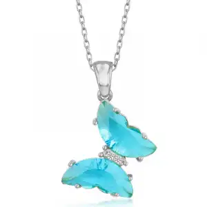 Gümüş Turkuaz Cam Kelebek Kadın Kolye