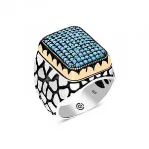 Gümüş Turkuaz Zirkon Taşlı Kare Erkek Yüzük