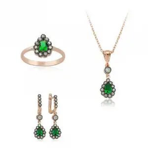 Gümüş Yeşil Taşlı Damla Bayan Set