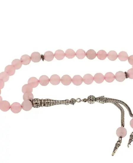 ​doğaltaş Metal Püsküllü Pembe Kuvars Taşlı Tesbih