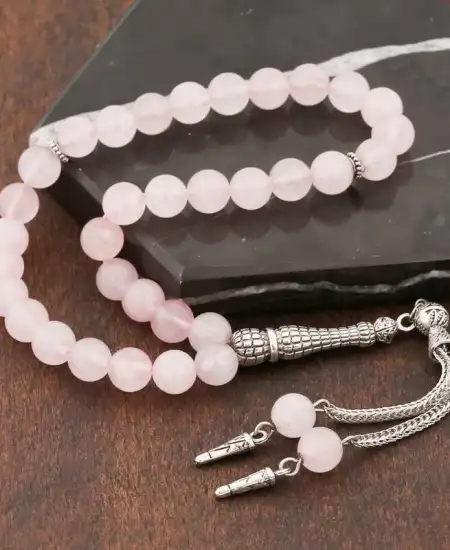 ​doğaltaş Metal Püsküllü Pembe Kuvars Taşlı Tesbih