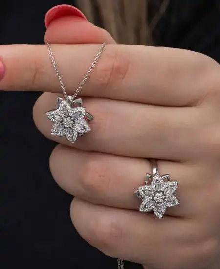 ​gümüş Ayarlanabilir Yıldız Baget Taşlı Dönen Stres Kadın Set