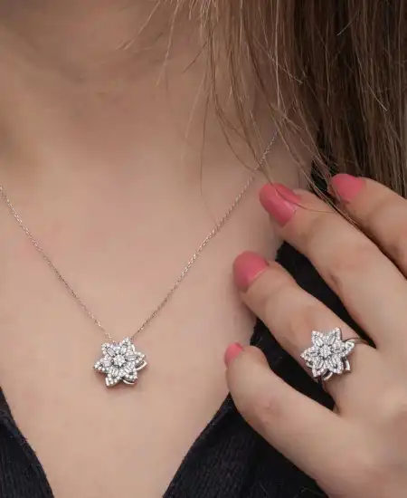 ​gümüş Ayarlanabilir Yıldız Baget Taşlı Dönen Stres Kadın Set