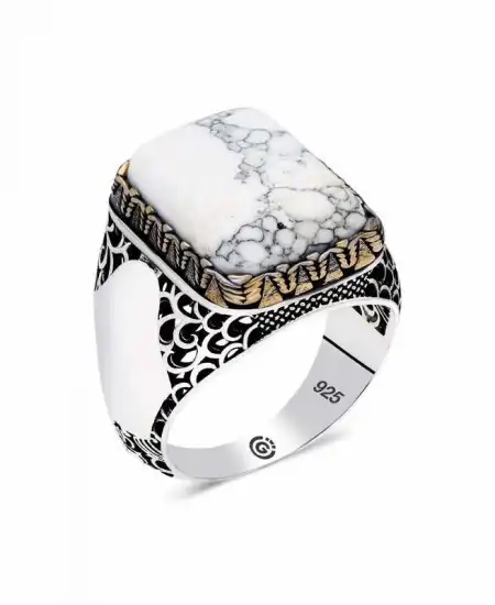​gümüş Beyaz Havlit Taşlı Kare Erkek Yüzük