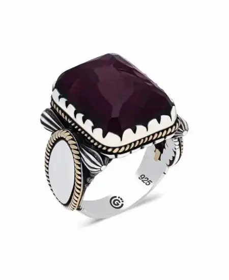 ​gümüş Bordo Taşlı Köşeli Erkek Yüzük