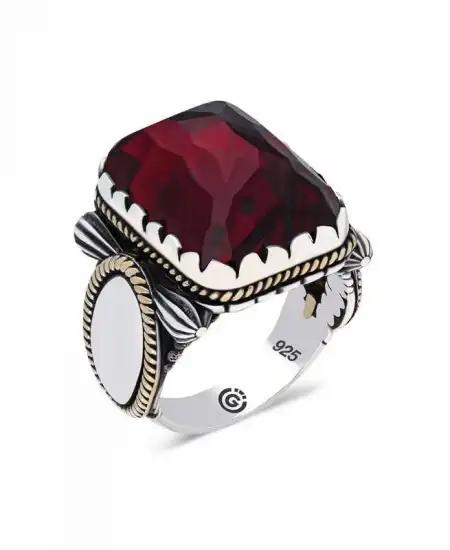 ​gümüş Bordo Zirkon Taşlı Kare Erkek Yüzük