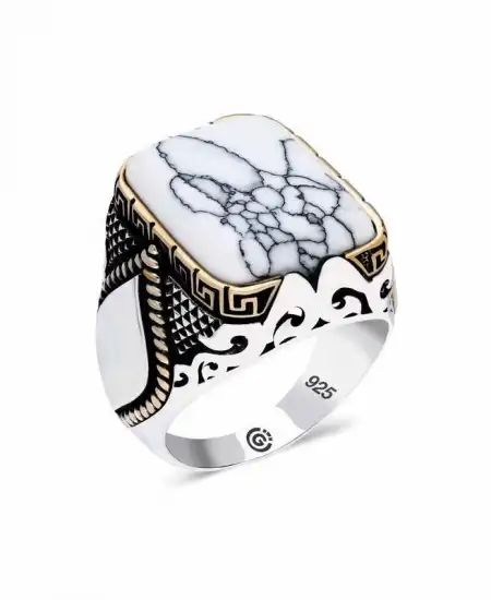 ​gümüş Çizgili Beyaz Taşlı Köşeli Erkek Yüzük